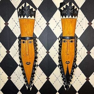 Vintage 18" Folk Art Mask Wall Plaques Hand-Painted Wood Pair Tiki Rustic